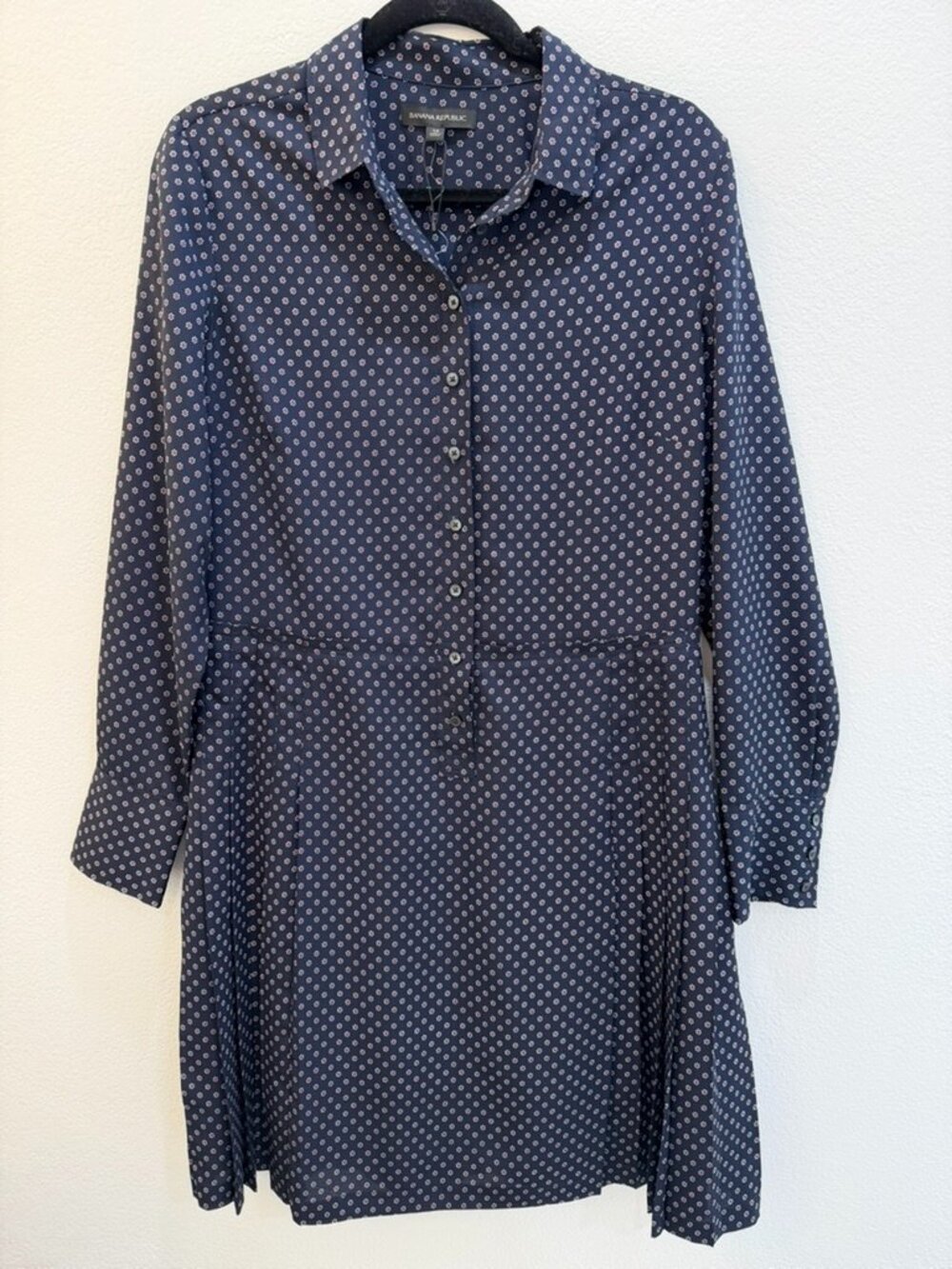 Banana Republic Navy Ditsy Floral Button Front Long Sleeve Side Pleat Dress